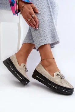 Loafersy Damskie|Mokasyny Damskie Skórzane>Damskie buty S.Barski Błyszczące Mokasyny Damskie Skórzane Na Platformie S.Barski LR400 Złote Złoty