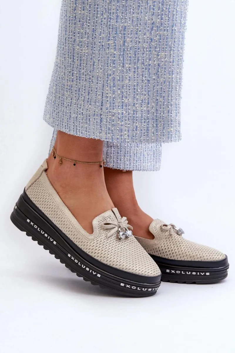 Loafersy Damskie|Mokasyny Damskie Skórzane>Damskie buty S.Barski Błyszczące Mokasyny Damskie Skórzane Na Platformie S.Barski LR400 Złote Złoty