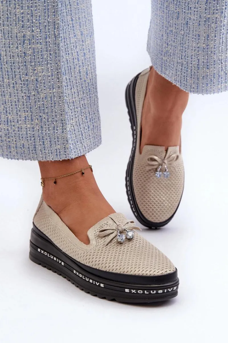 Loafersy Damskie|Mokasyny Damskie Skórzane>Damskie buty S.Barski Błyszczące Mokasyny Damskie Skórzane Na Platformie S.Barski LR400 Złote Złoty