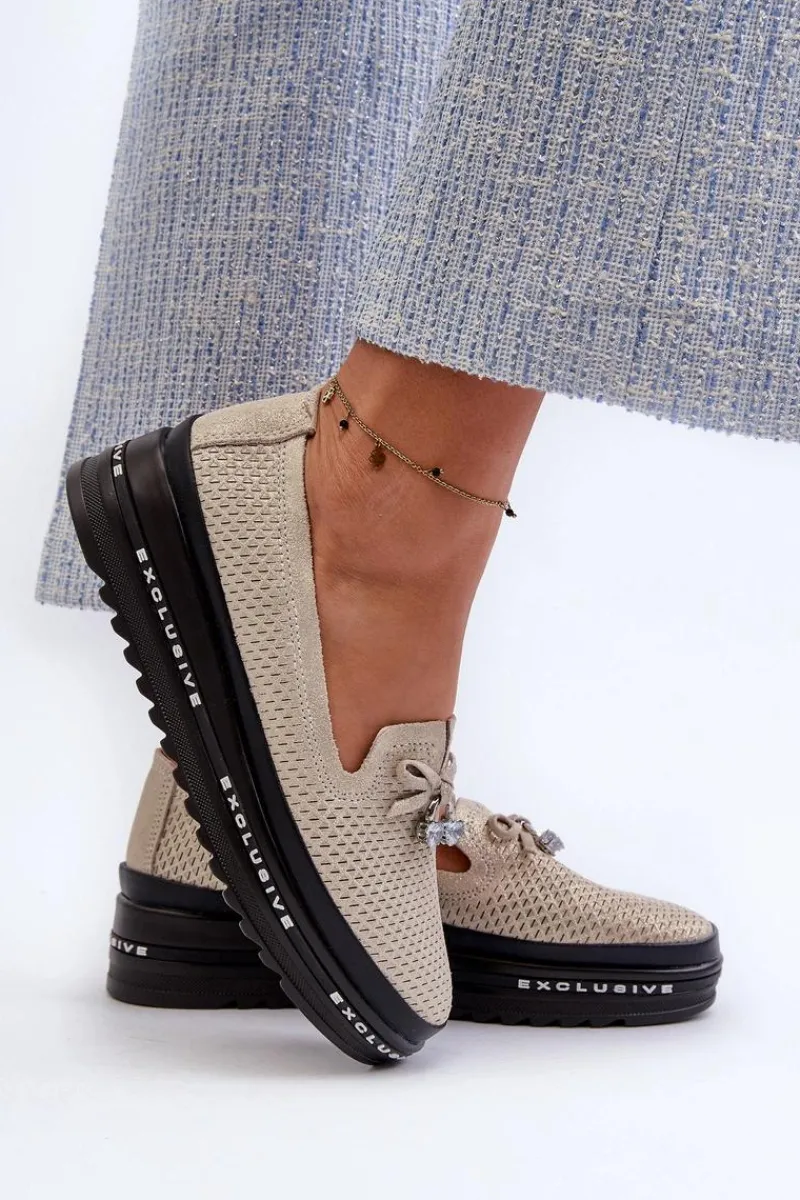 Loafersy Damskie|Mokasyny Damskie Skórzane>Damskie buty S.Barski Błyszczące Mokasyny Damskie Skórzane Na Platformie S.Barski LR400 Złote Złoty