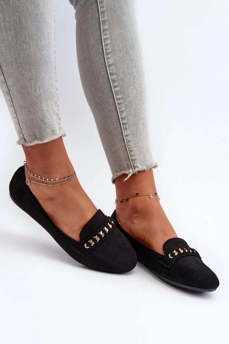 Outlet Boto Błyszczące Mokasyny Damskie Z Łańcuchem Czarne Aredilla