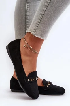 Outlet Boto Błyszczące Mokasyny Damskie Z Łańcuchem Czarne Aredilla