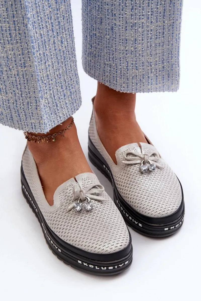 Clearance Błyszczące Mokasyny Damskie Skórzane Na Platformie S.Barski LR400 Srebrne Damskie Loafersy Damskie|Mokasyny Damskie Skórzane
