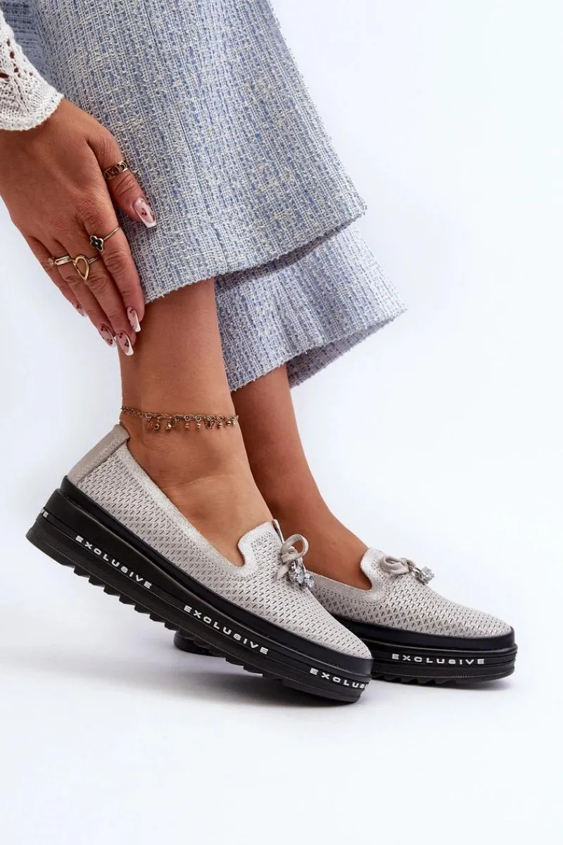 Clearance Błyszczące Mokasyny Damskie Skórzane Na Platformie S.Barski LR400 Srebrne Damskie Loafersy Damskie|Mokasyny Damskie Skórzane