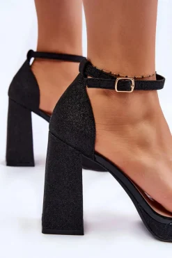 Clearance Błyszczące Sandałki Na Masywnym Obcasie Czarne Calmi Damskie Sandały Na Obcasie