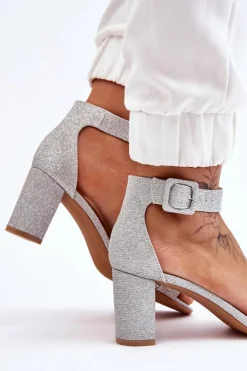 Discount Błyszczące Sandałki Na Obcasie Srebrne Maxim Damskie Sandały Na Obcasie