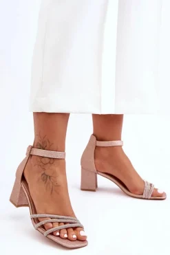 Discount Boto Błyszczące Sandałki Na Obcasie Beżowe Enenor