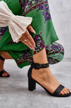 Clearance Błyszczące Sandałki Na Obcasie Czarne Maxim Damskie Sandały Na Obcasie