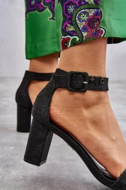 Clearance Błyszczące Sandałki Na Obcasie Czarne Maxim Damskie Sandały Na Obcasie