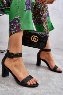 Clearance Błyszczące Sandałki Na Obcasie Czarne Maxim Damskie Sandały Na Obcasie