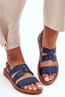 Best Błyszczące Sandały Damskie Niebieskie Catalia Damskie Sandały Płaskie