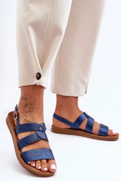 Best Błyszczące Sandały Damskie Niebieskie Catalia Damskie Sandały Płaskie