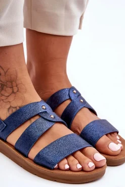 Best Błyszczące Sandały Damskie Niebieskie Catalia Damskie Sandały Płaskie