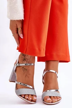 Hot Błyszczące Sandały Na Obcasie Srebrne Alicia Damskie Sandały Na Obcasie