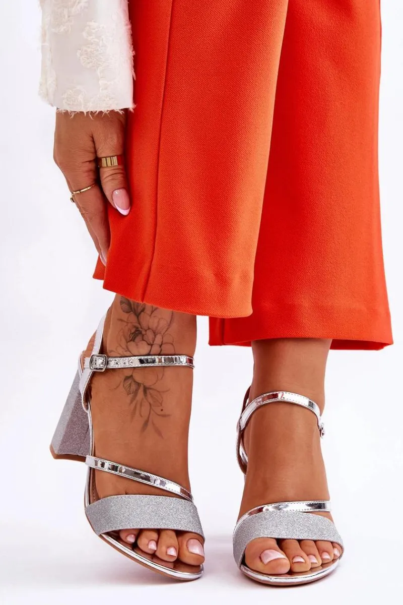 Hot Błyszczące Sandały Na Obcasie Srebrne Alicia Damskie Sandały Na Obcasie