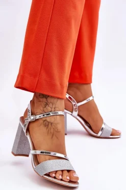 Hot Błyszczące Sandały Na Obcasie Srebrne Alicia Damskie Sandały Na Obcasie