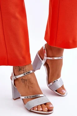 Hot Błyszczące Sandały Na Obcasie Srebrne Alicia Damskie Sandały Na Obcasie