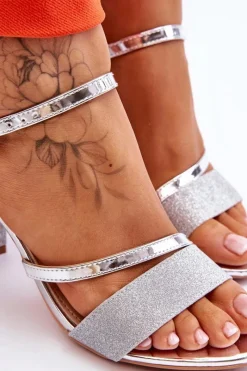 Hot Błyszczące Sandały Na Obcasie Srebrne Alicia Damskie Sandały Na Obcasie