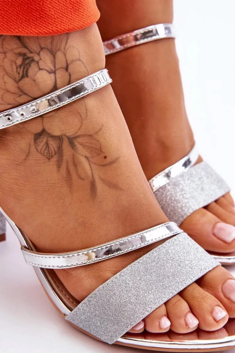 Hot Błyszczące Sandały Na Obcasie Srebrne Alicia Damskie Sandały Na Obcasie
