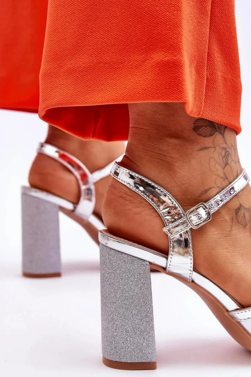Hot Błyszczące Sandały Na Obcasie Srebrne Alicia Damskie Sandały Na Obcasie
