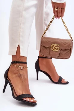 Discount Błyszczące Sandały Na Szpilce Czarne Gedna Damskie Sandały Na Obcasie