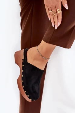 Boto Chodaki Klapki Damskie Z Ćwiekami Eko Zamszowe Czarne Ellason Czarny