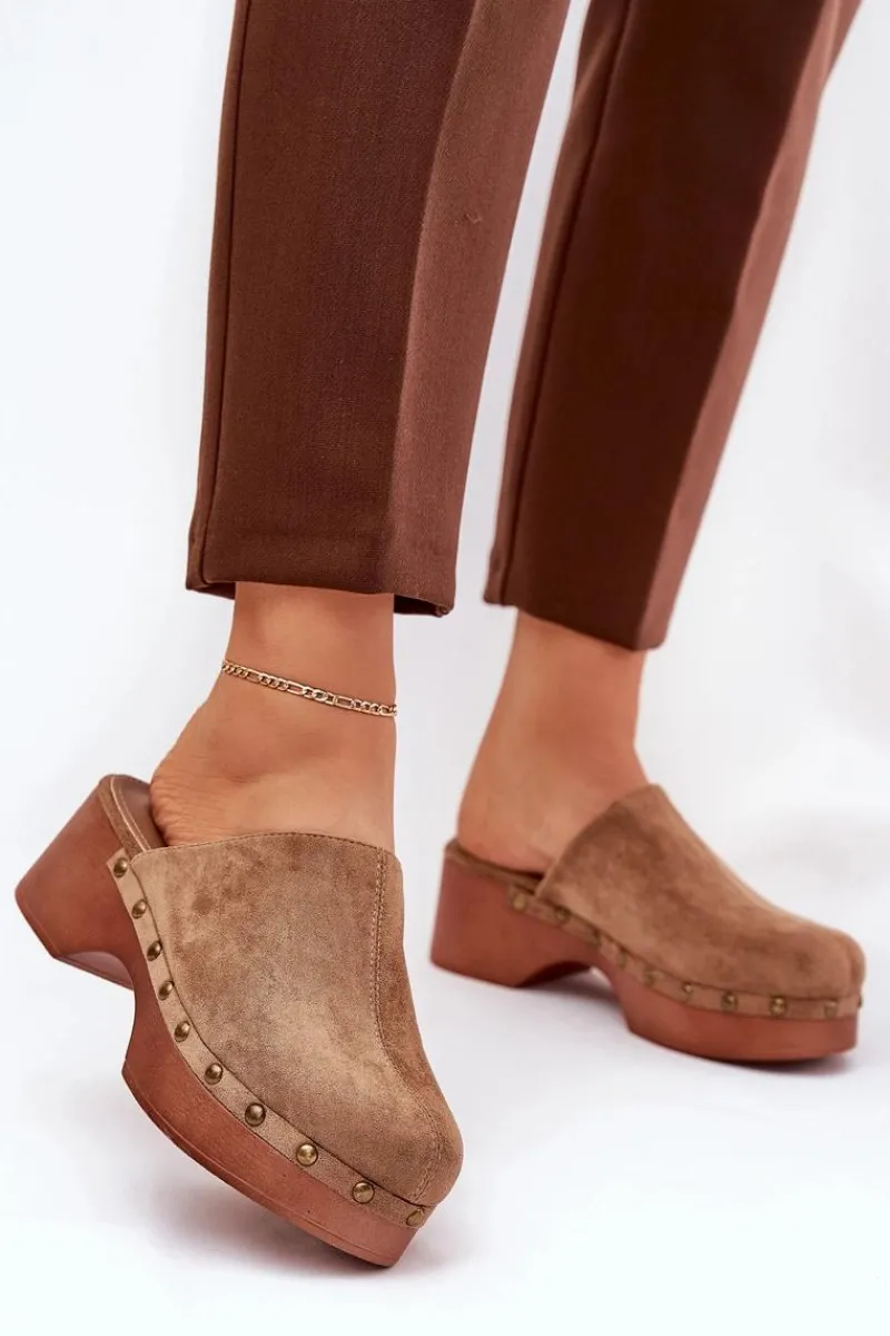 Boto Chodaki Klapki Damskie Z Ćwiekami Eko Zamszowe Camel Ellason