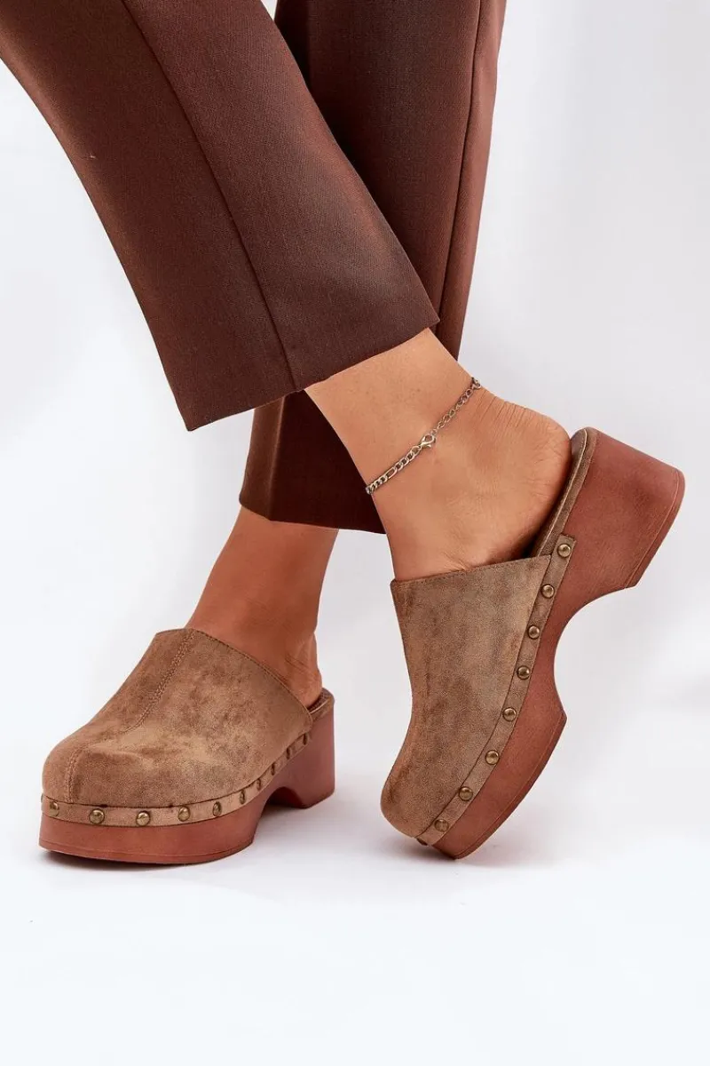 Boto Chodaki Klapki Damskie Z Ćwiekami Eko Zamszowe Camel Ellason