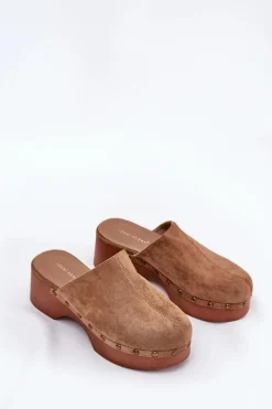 Boto Chodaki Klapki Damskie Z Ćwiekami Eko Zamszowe Camel Ellason