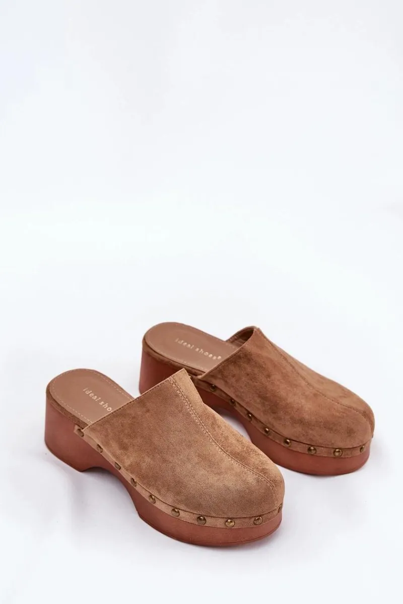 Boto Chodaki Klapki Damskie Z Ćwiekami Eko Zamszowe Camel Ellason