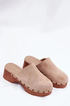 Klapki Na Koturnie|Klapki Na Platformie></noscript>Boto Chodaki Klapki Damskie Z Ćwiekami Eko Zamszowe Beżowe Ellason