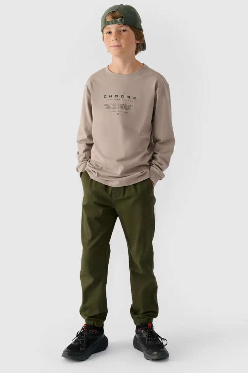 Online Chłopięce Spodnie Joggery Casual Gładkie JWMM00TTROM0812-43S Khaki Dzieci Spodnie Dziecięce|Odzież 4F