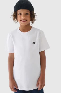 Discount 4F Chłopięcy T-shirt Gładki Bawełniany Biały JWMM00TTSHM1626-10S