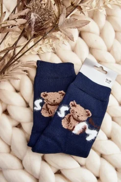 Best Ciepłe Bawełniane Skarpety Z Misiem Granatowe Skarpetki|Skarpetki