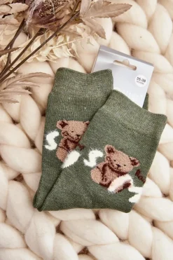 Best Aura.via Ciepłe Bawełniane Skarpety Z Misiem Zielone Zielony