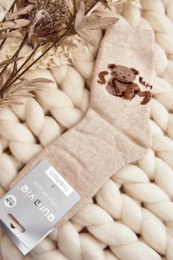 Outlet Ciepłe Bawełniane Skarpety Z Misiem Beżowe Skarpetki|Skarpetki