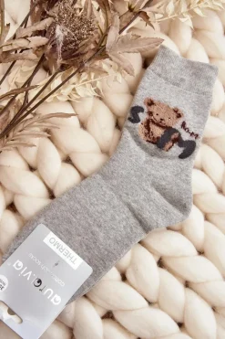 Skarpetki|Skarpetki>Aura.via Ciepłe Bawełniane Skarpety Z Misiem Szare Szary
