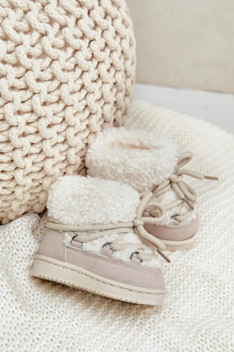 Ciepłe Botki Śniegowce Dziecięce Wiązane Beżowe Asija Dzieci Dziewczęce