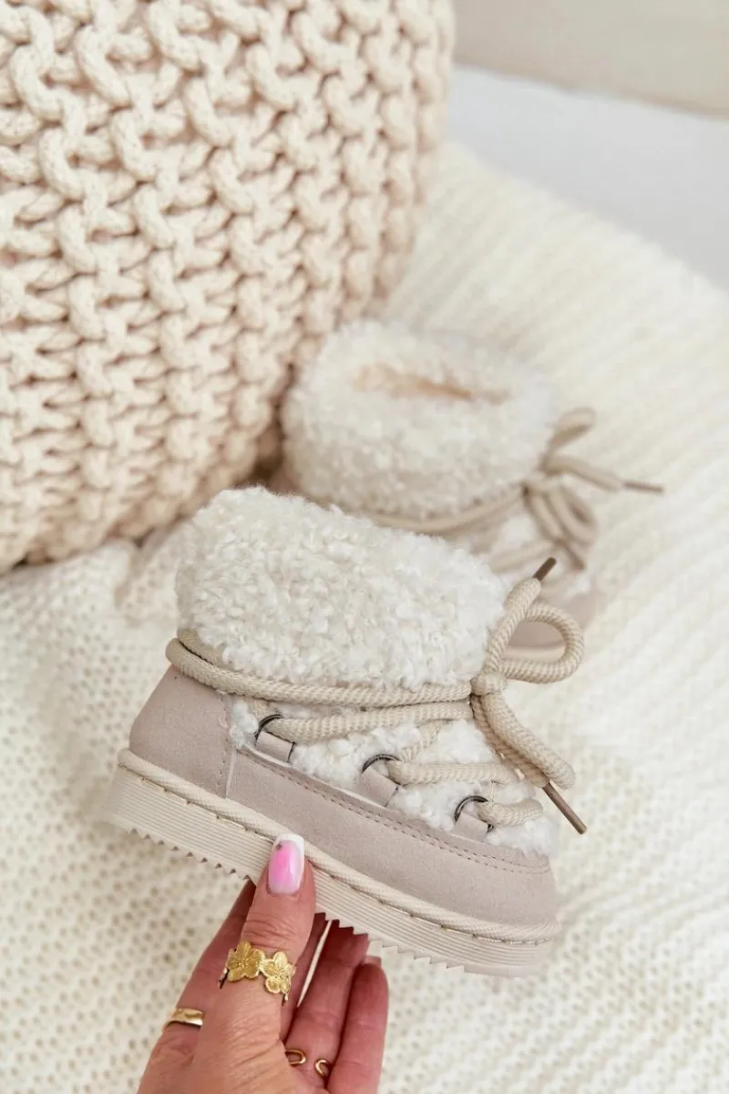 Ciepłe Botki Śniegowce Dziecięce Wiązane Beżowe Asija Dzieci Dziewczęce