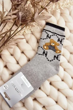 Aura.via Ciepłe Skarpety Bawełniane Z Misiem Szare Szary