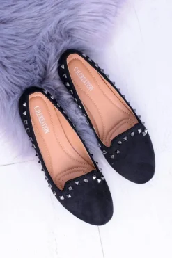 Discount Czarne Baleriny Lordsy z Ćwiekami Randal Damskie Baleriny Klasyczne