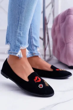 Baleriny Klasyczne>Boto Czarne Damskie Baleriny Naszywki Lipstick