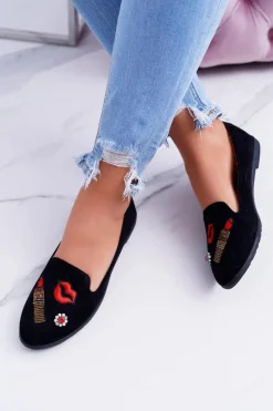 Baleriny Klasyczne>Boto Czarne Damskie Baleriny Naszywki Lipstick