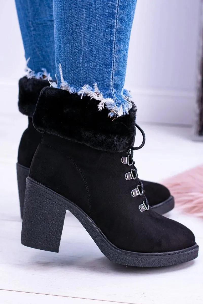 Botki Na Słupku|Botki Sznurowane>Boto Czarne Damskie Botki Z Futerkiem Na Słupku Influence