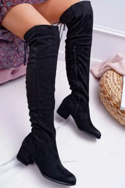 Hot Czarne Damskie Kozaki Ocieplane Zamszowe Barski 98-7 Damskie Kozaki Płaskie