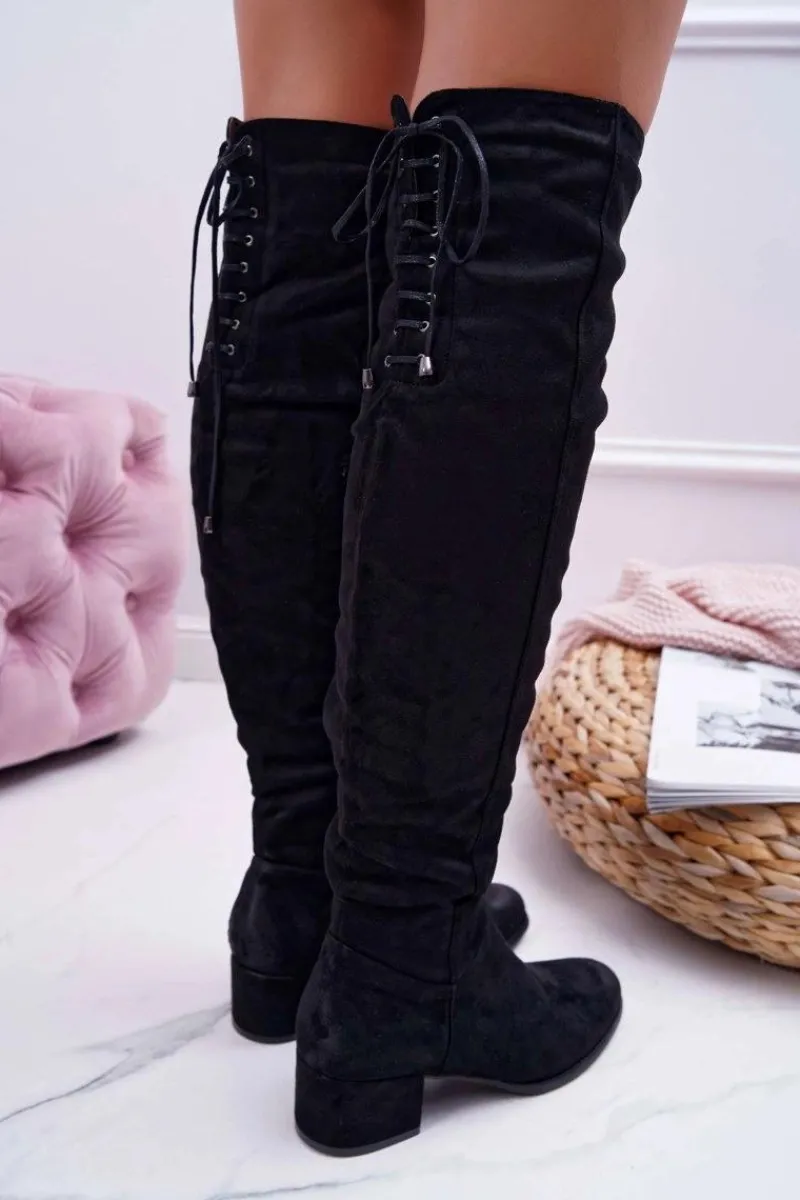 Hot Czarne Damskie Kozaki Ocieplane Zamszowe Barski 98-7 Damskie Kozaki Płaskie