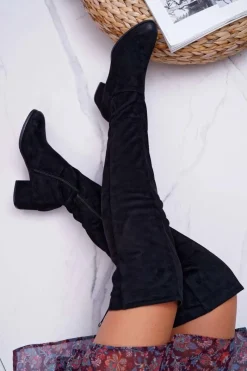 Hot Czarne Damskie Kozaki Ocieplane Zamszowe Barski 98-7 Damskie Kozaki Płaskie