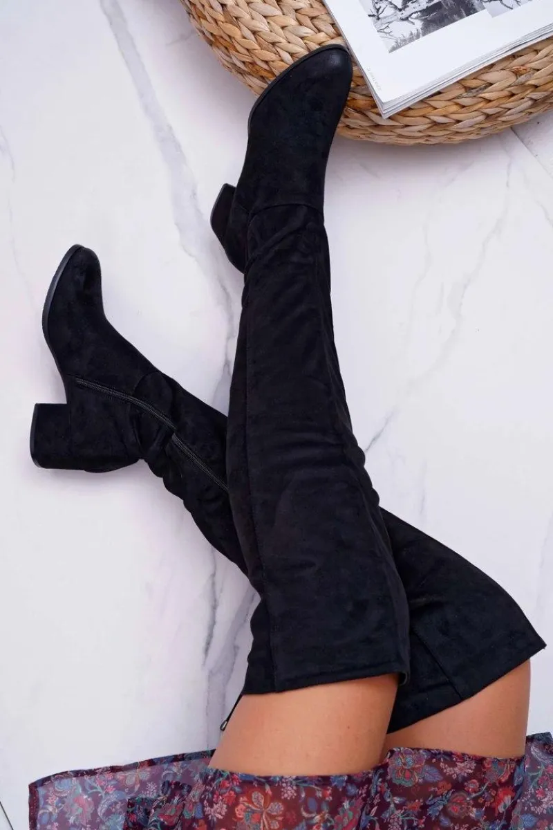 Hot Czarne Damskie Kozaki Ocieplane Zamszowe Barski 98-7 Damskie Kozaki Płaskie