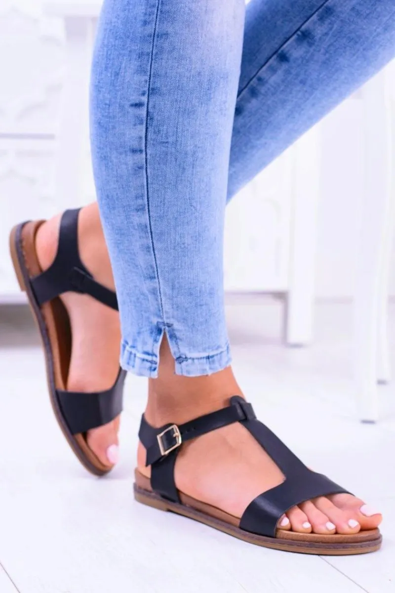 Czarne Damskie Płaskie Sandałki Sunnyside Damskie Sandały Płaskie