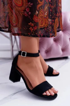 Outlet Czarne Damskie Sandały Na Słupku Zamsz NewGenua Damskie Sandały Na Obcasie